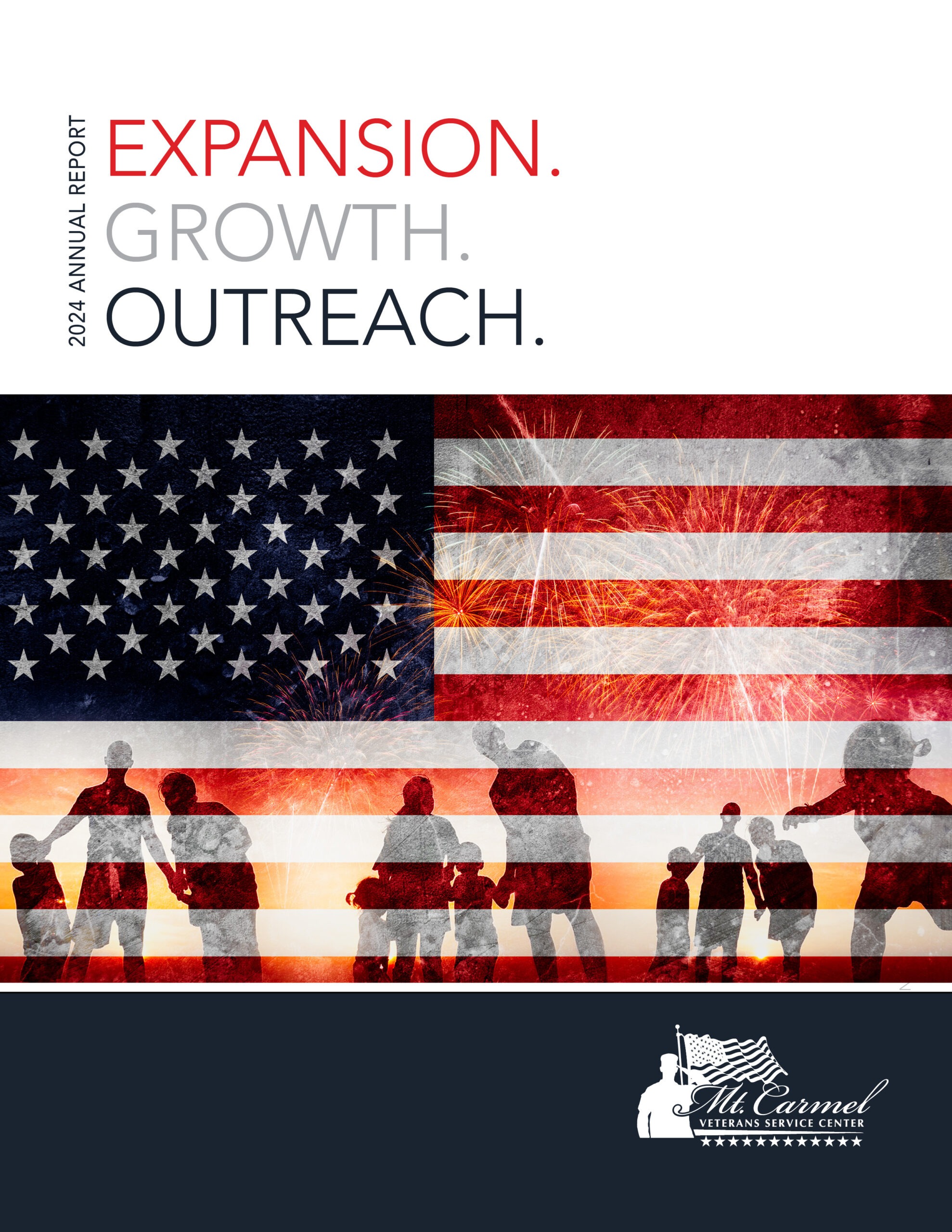 Cover for the 2024 Mt. Carmel Report featuring an American flag and Soldiers